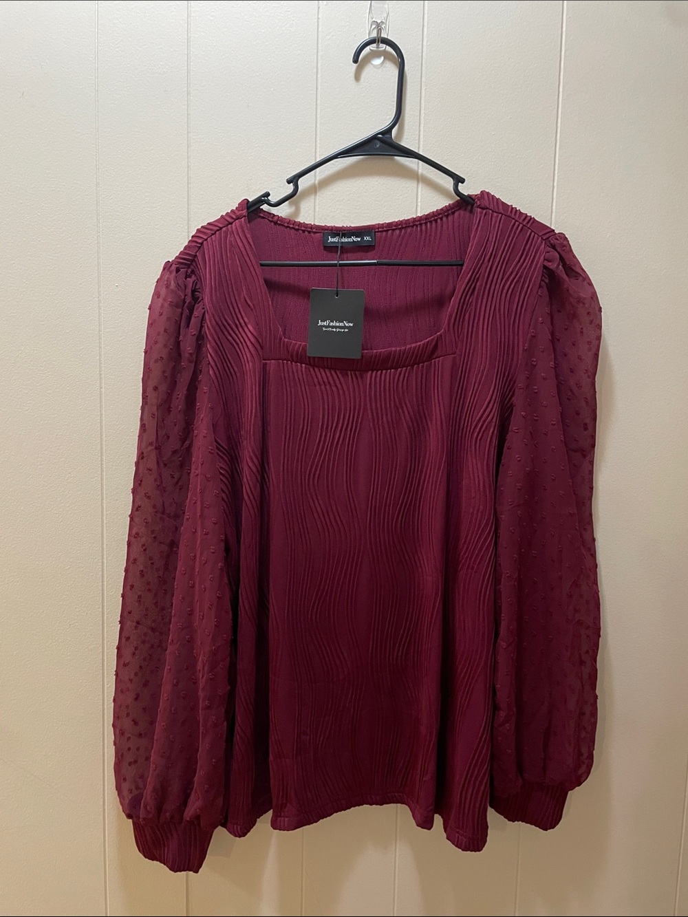 Just Fabulous Now Burgundy Square-Neck Textured Blouse with Sheer Dotted Sleeves